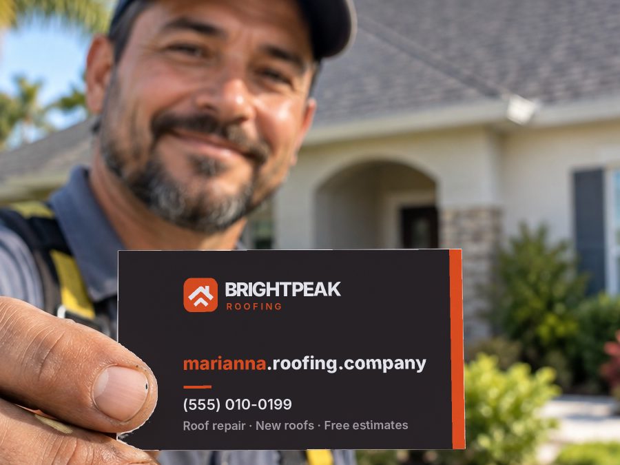 marianna.roofing.company on a roofer's business card
