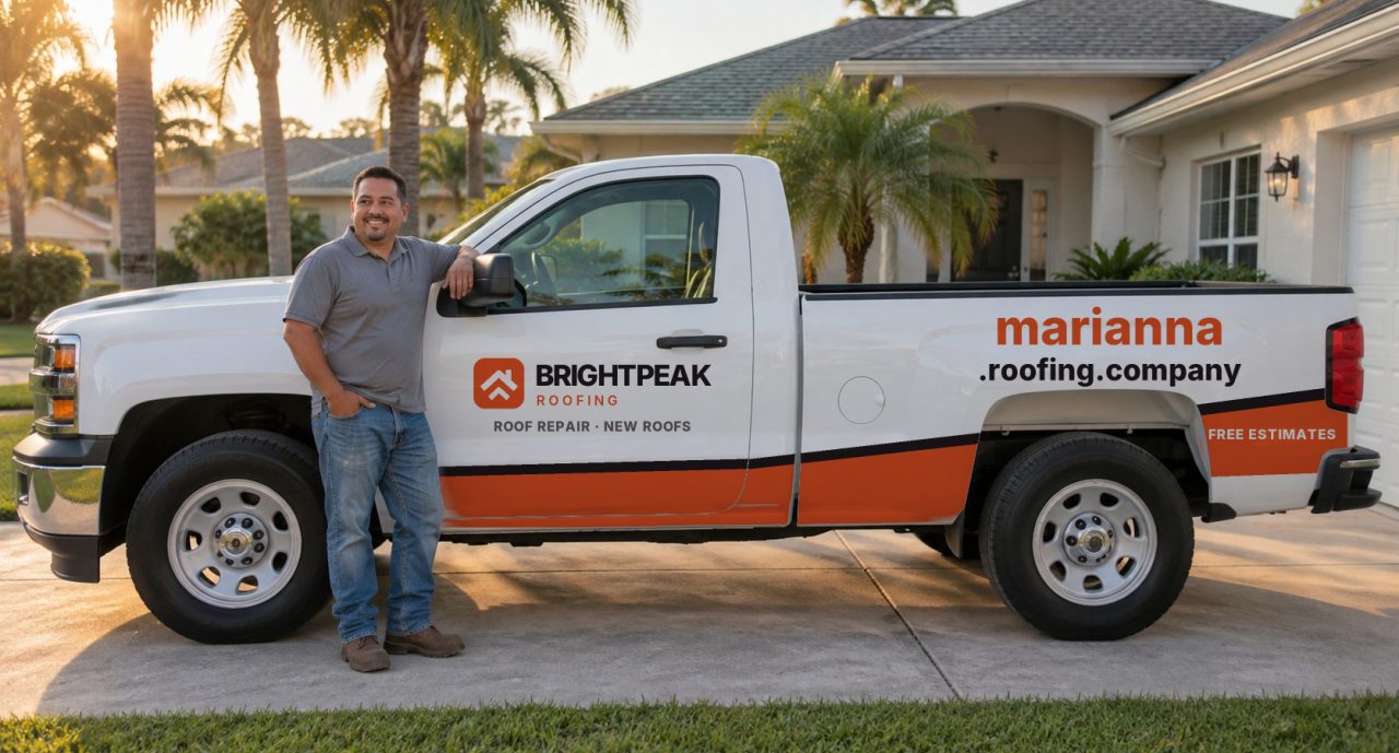 marianna.roofing.company painted on the side of a white work truck