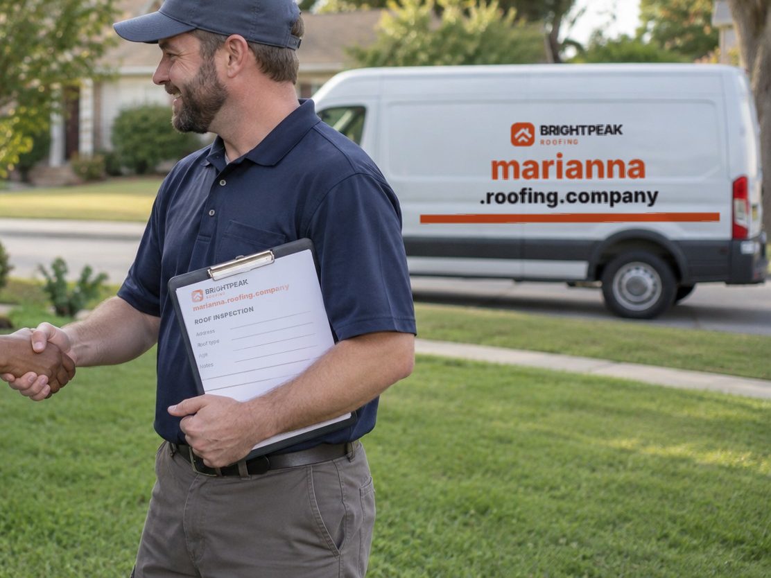 marianna.roofing.company on a roofing van and an inspection form